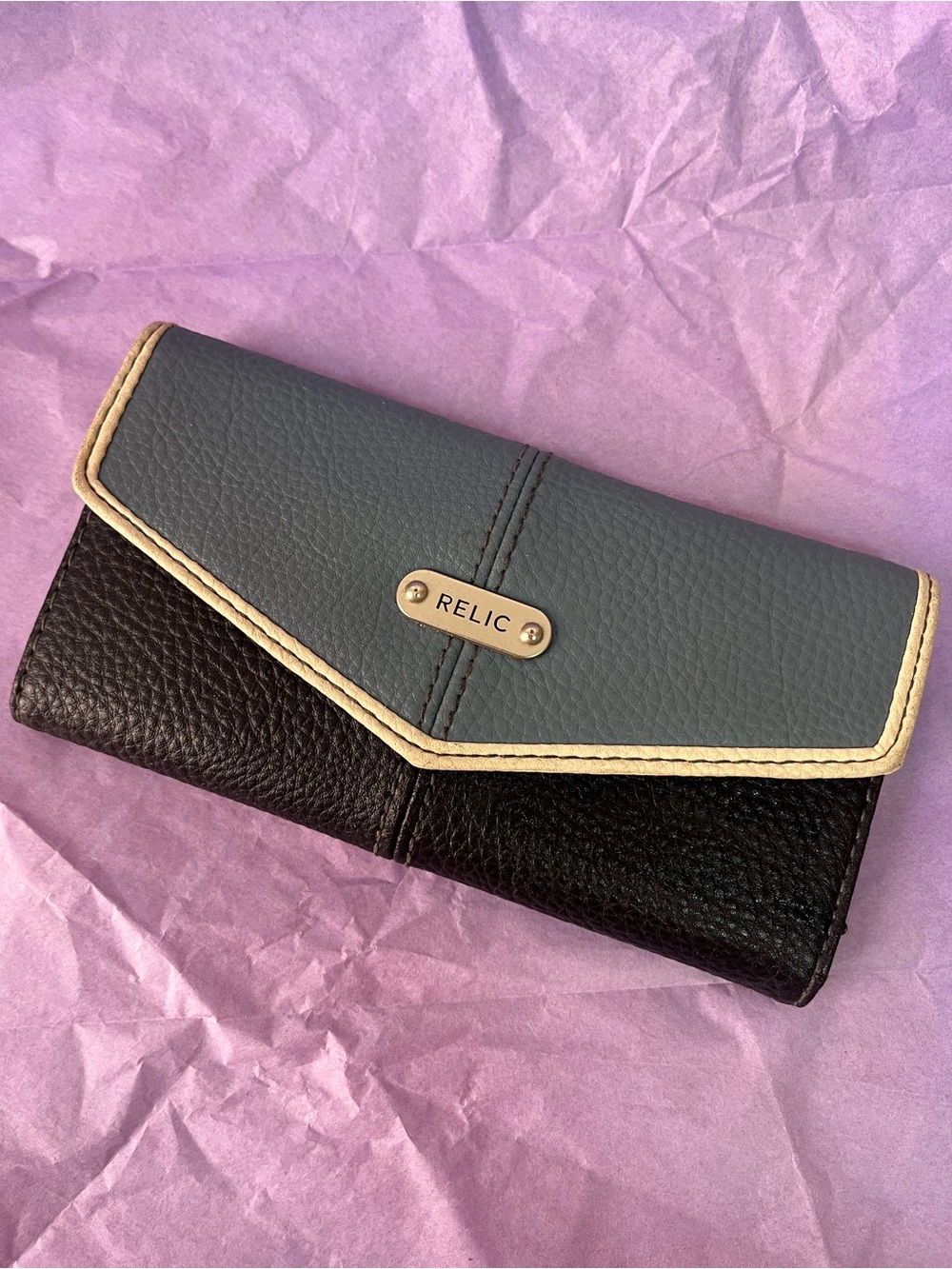 Relic by Fossil Black and Slate Blue Wallet with Cream Trim